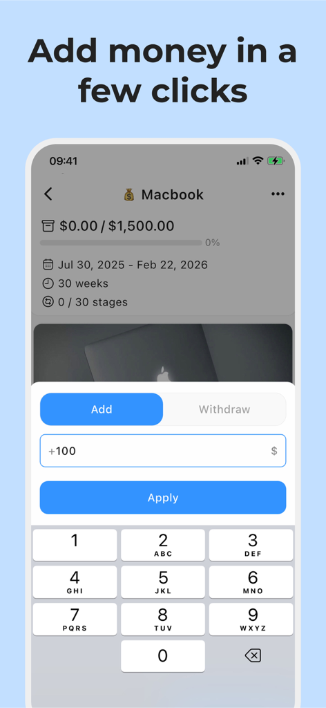 Savings Tracker: My Piggy Bank - A mobile app interface showing a user adding one hundred dollars to a savings goal for a MacBook with a progress bar and numeric keypad
