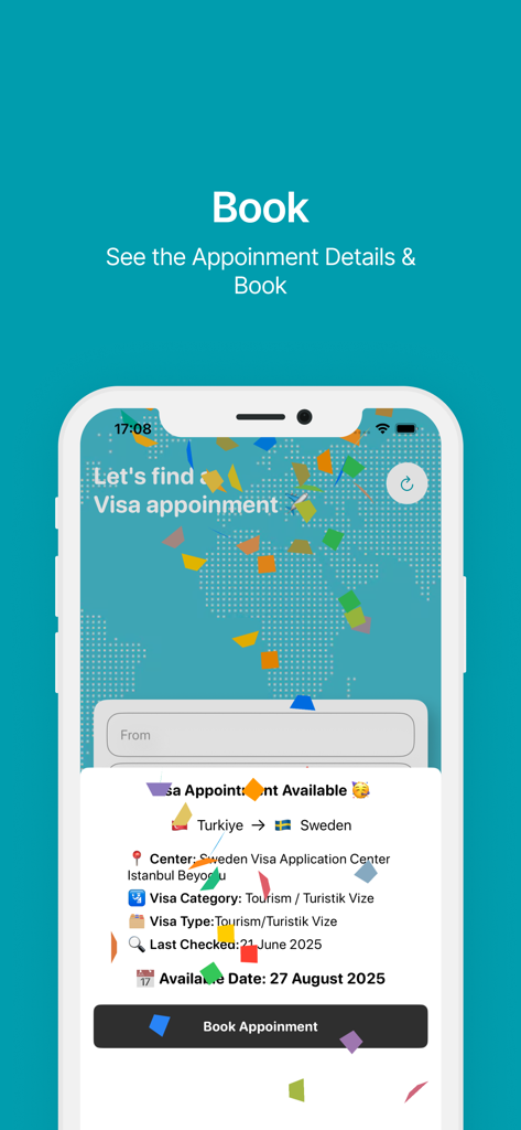VisaTrack: Find Dates Fast - Interface of VisaTrack app displaying an available visa appointment for Sweden with a book appointment button