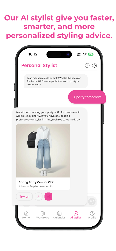 Chat-Oberfläche der Sty AI App mit einem KI-Stylisten, der ein Frühlingsparty-Outfit vorschlägt