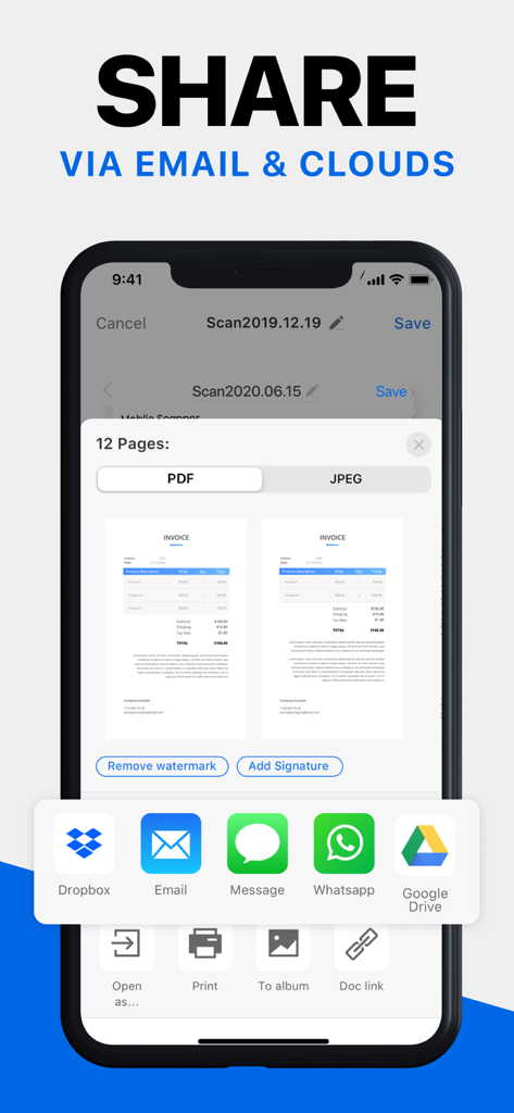Interface of Mobile Scanner App showing options to share scanned documents via email and cloud storage services like Google Drive and Dropbox