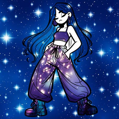 girl in baggy pants crop top and long hair