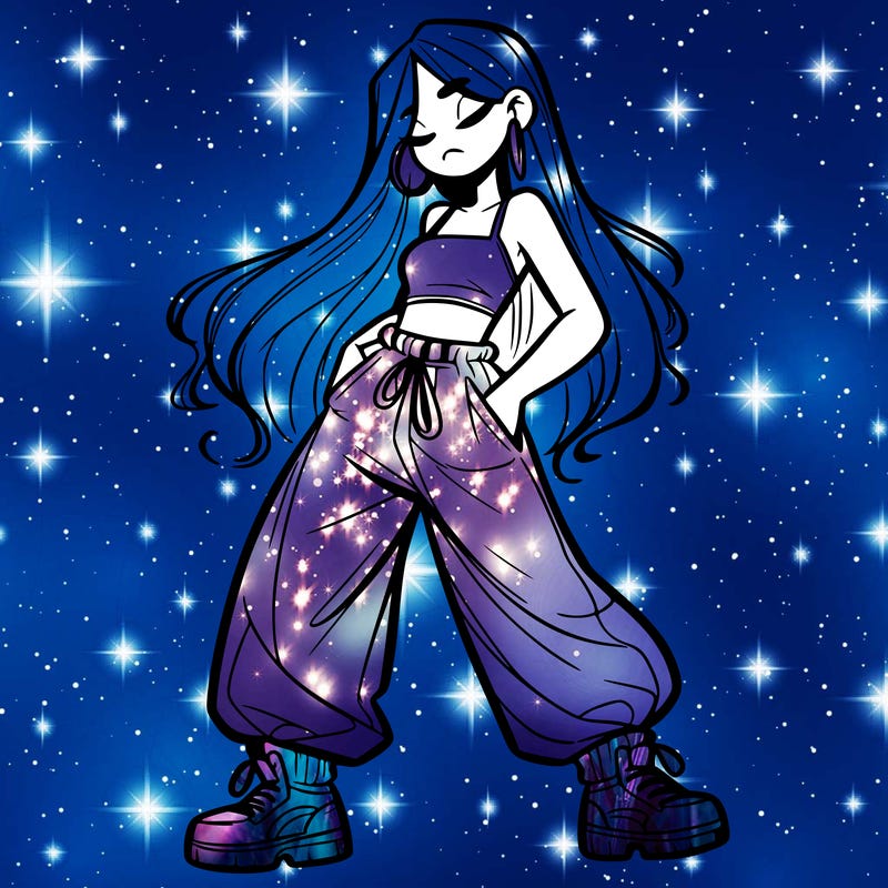 girl in baggy pants crop top and long hair