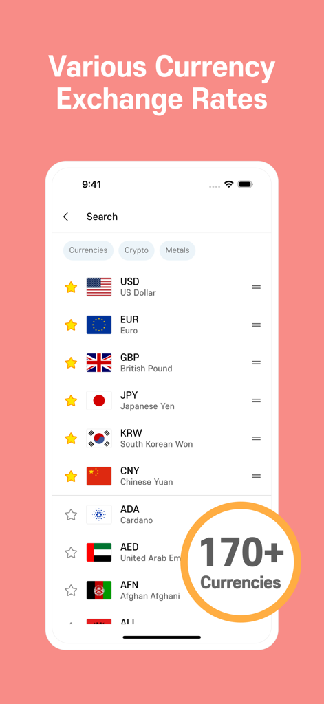 Currency Converter NOW+ - Lista de tipos de cambio mostrando USD EUR y GBP en la interfaz de la aplicación Convertidor de Divisas NOW plus