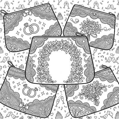 Discover an exquisite collection of pouch bags elegantly detailed with wedding celebration elements like delicate lace, sparkling rings, and beautiful floral bouquets. This intricate design invites you to infuse vibrant colors into a scene brimming with romance and joy.