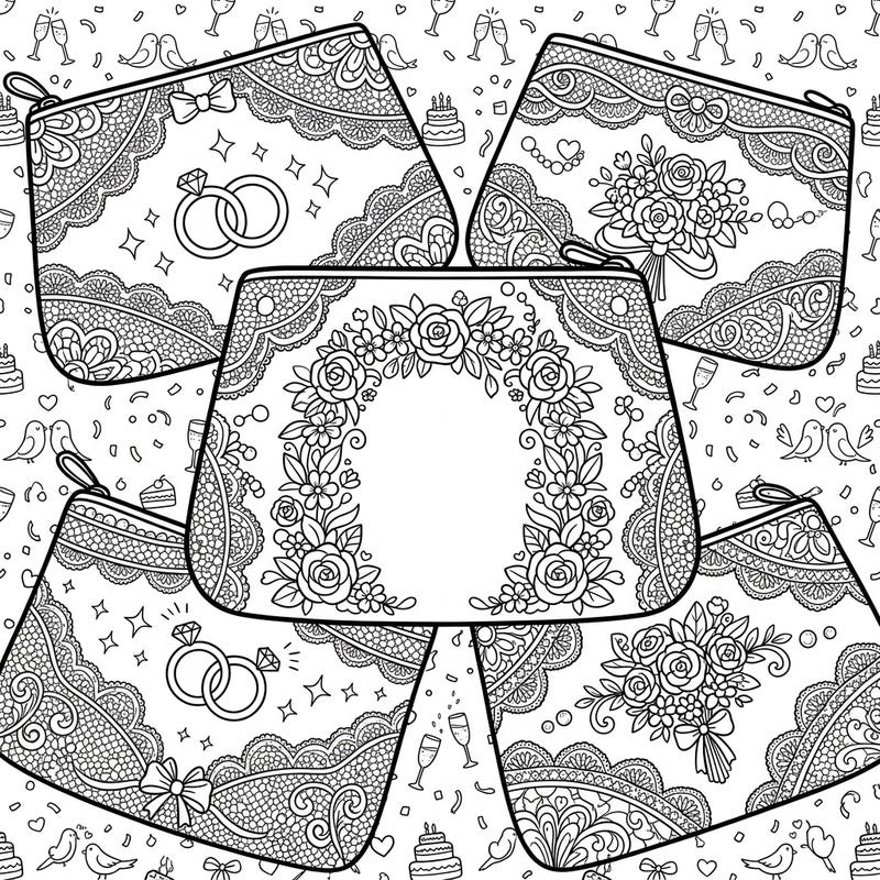 Discover an exquisite collection of pouch bags elegantly detailed with wedding celebration elements like delicate lace, sparkling rings, and beautiful floral bouquets. This intricate design invites you to infuse vibrant colors into a scene brimming with romance and joy.