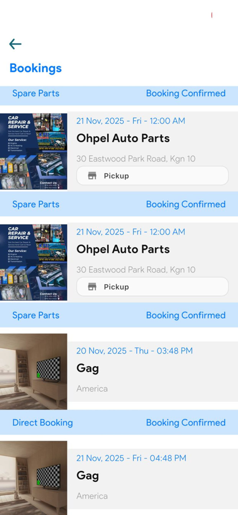 Interface de Mechanic Connect montrant une liste des réservations de services et de pièces détachées confirmées