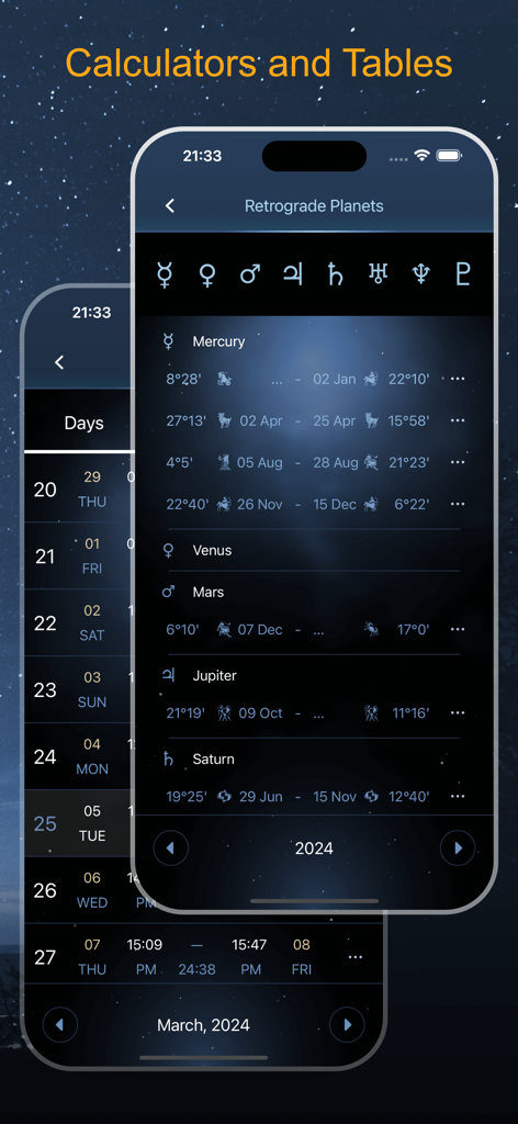 Deluxe Moon Pro • App & Widget - Interface of Deluxe Moon Pro showing retrograde planets schedule and astronomical tables