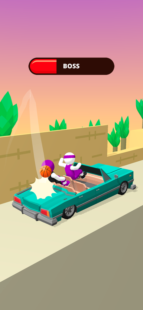 Bounce Dunk - basketball game - 바운스 덩크 모바일 게임의 보스전 중 청록색 로우라이더 자동차 위에서 튕기는 농구공