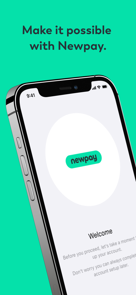 Newpay mobile app welcome screen featuring the company logo and a promotional tagline