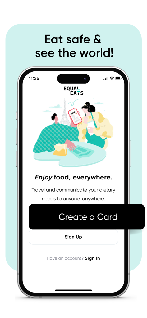 Equal Eats - Equal Eats mobile app home screen for creating digital food allergy translation cards for safe travel