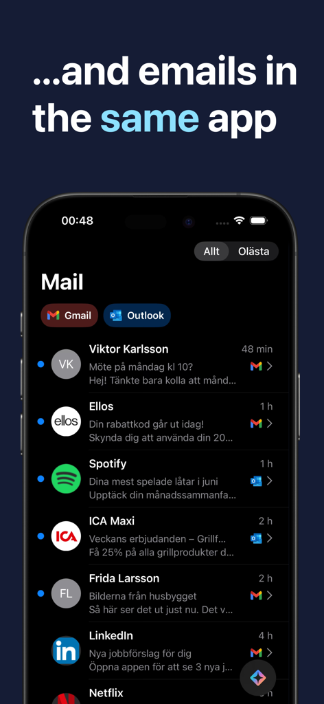 Screenshot der Unora-App, der einen einheitlichen E-Mail-Posteingang mit Nachrichten von Gmail und Outlook zeigt