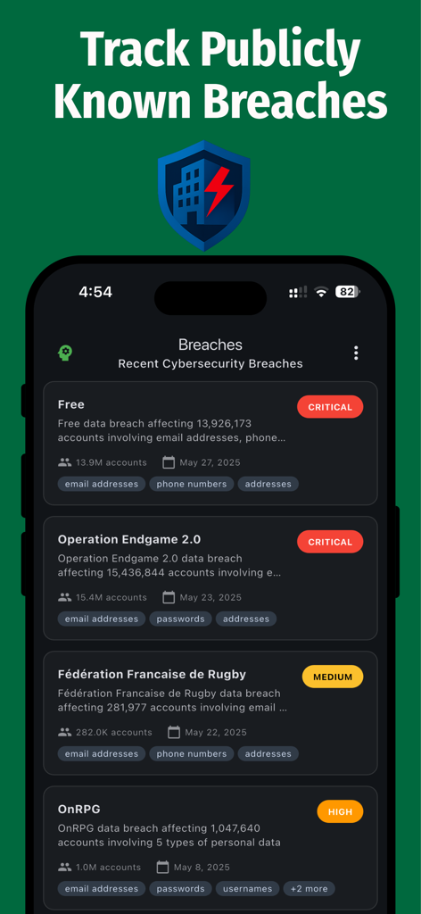 CyberPrism: CISA KEV & CVE - Screenshot der CyberPrism-App mit einer Liste aktueller Cybersicherheitsvorfälle mit Schweregraden und Auswirkungen auf Konten.