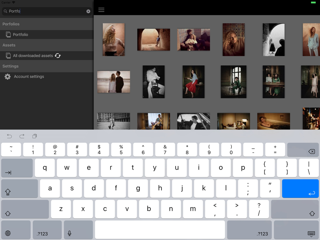 Suchoberfläche der Lookbooks Portfolio iPad App mit einem Raster von Fotogalerien und einer Bildschirmtastatur.