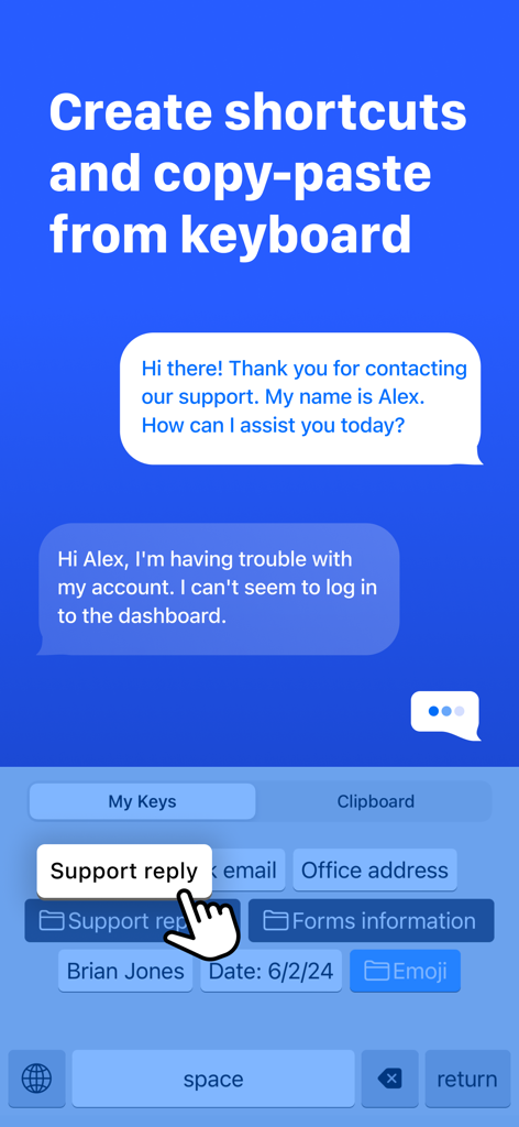 Copied - Auto Paste Keyboard - Pantalla móvil que muestra un teclado personalizado con teclas de acceso rápido para pegar texto rápidamente, como respuestas de soporte y direcciones de oficina.