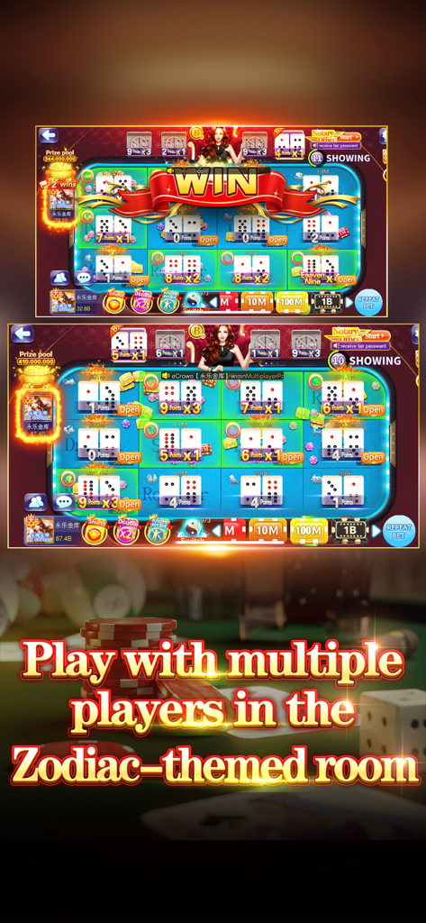 Juego multijugador de Pai Gow Master en la sala temática del zodíaco mostrando fichas tradicionales e interfaz de apuestas.