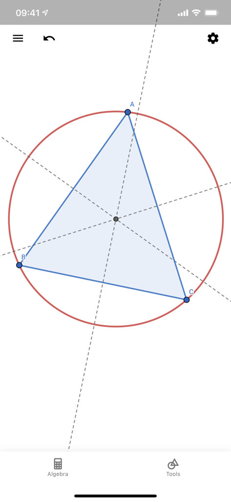 Interactive geometric construction of a triangle inscribed in a circle with bisectors in GeoGebra Geometry.