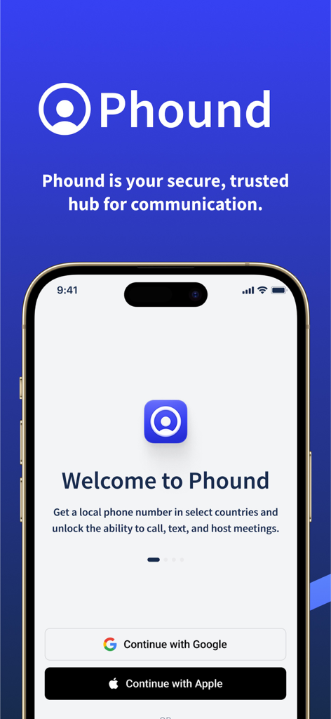 Phound Phone 앱 환영 화면, Google 및 Apple 로그인 옵션이 있는 보안 통신 허브 표시.