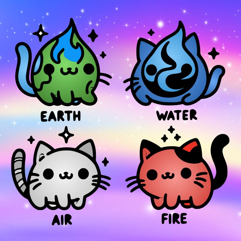 4 cats that represent the different elements, earth, water, air, and fire