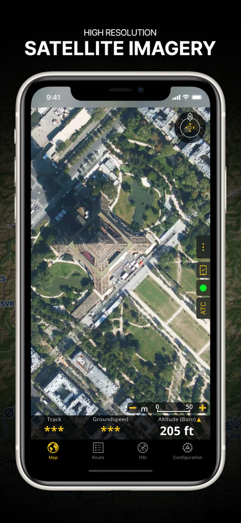 Air Navigation Pro - Air Navigation Pro app screenshot displaying high-resolution satellite imagery of the Eiffel Tower with flight data overlays
