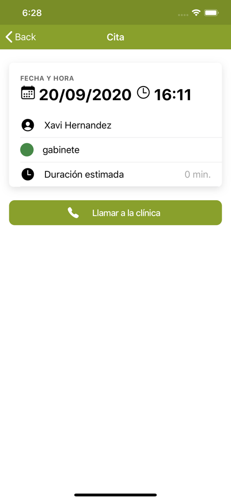 Vevi Clinic - Vevi Clinic mobile app screen showing dental appointment details including date, time, professional name, and a button to call the clinic.