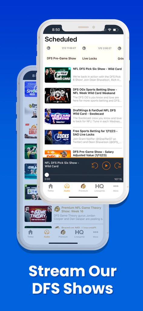 RotoGrinders Daily Fantasy - RotoGrinders app interface for streaming daily fantasy sports audio shows and podcasts