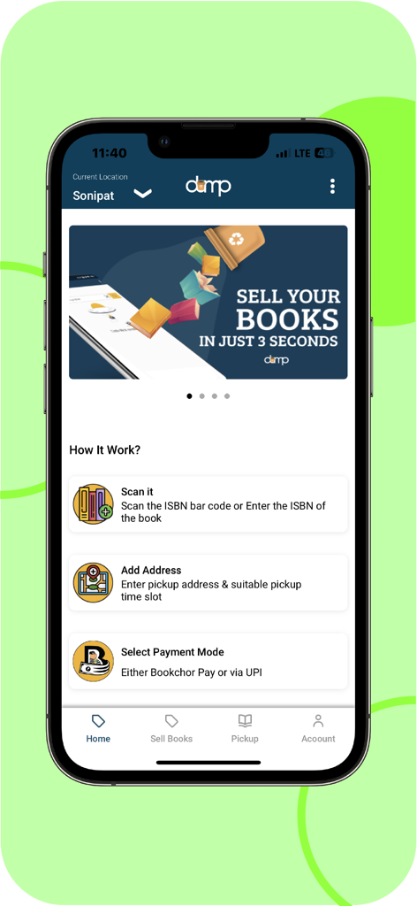 Home screen of the DUMP app showing steps to sell books including scanning barcodes and scheduling pickups