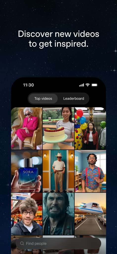 Schermata di scoperta dell'app Sora di OpenAI che mostra una griglia di video generati dall'IA e una barra di ricerca
