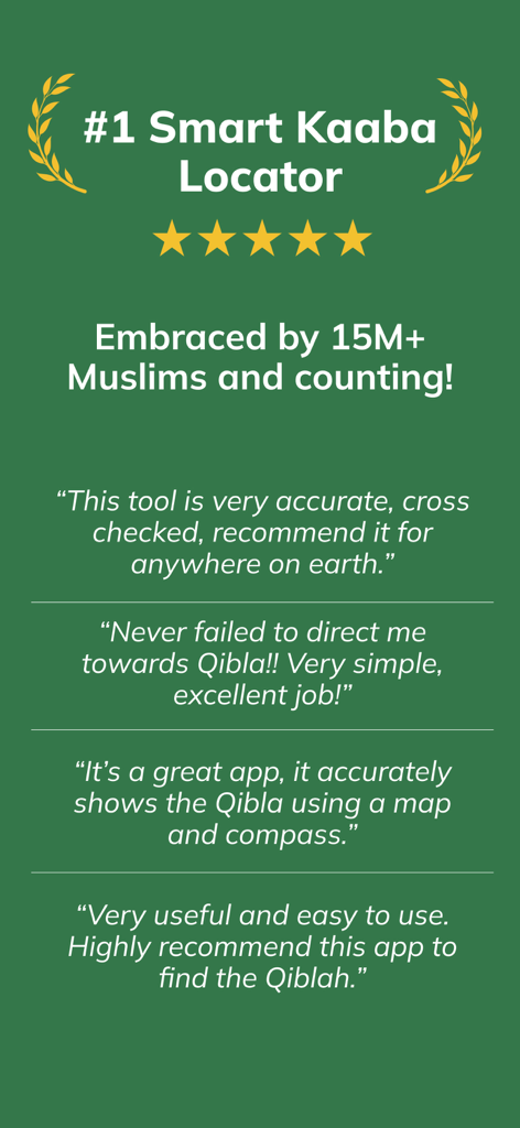 Qibla Finder 100% اتجاه القبلة - Positive Nutzer-Testimonials und Fünf-Sterne-Bewertung für die Qibla Finder App