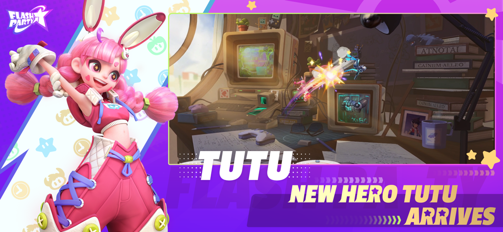 Flash Party - 新アニメ風ヒーロー「Tutu」をフィーチャーしたFlash Partyのプロモーションバナー