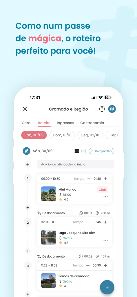 Roterin - Interfaz de la aplicación móvil Roterin que muestra un itinerario de viaje diario detallado con horarios de actividades y seguimiento de presupuesto.