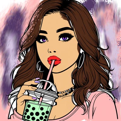 realistic girl drink a boba