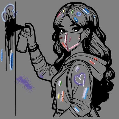 realistic girl with mask spray painting a wall