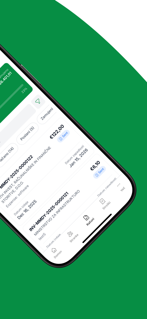 Račun123 - Interfaz móvil de la app Račun123 que muestra una lista de facturas enviadas con montos y fechas