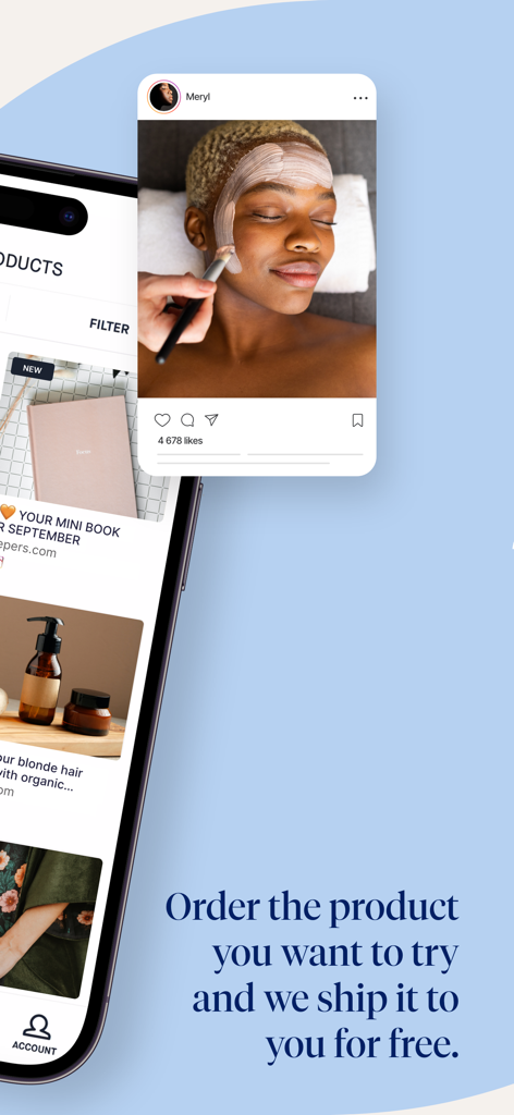 Skeepers Creators app interface showing a social media influencer post and a list of products available for review