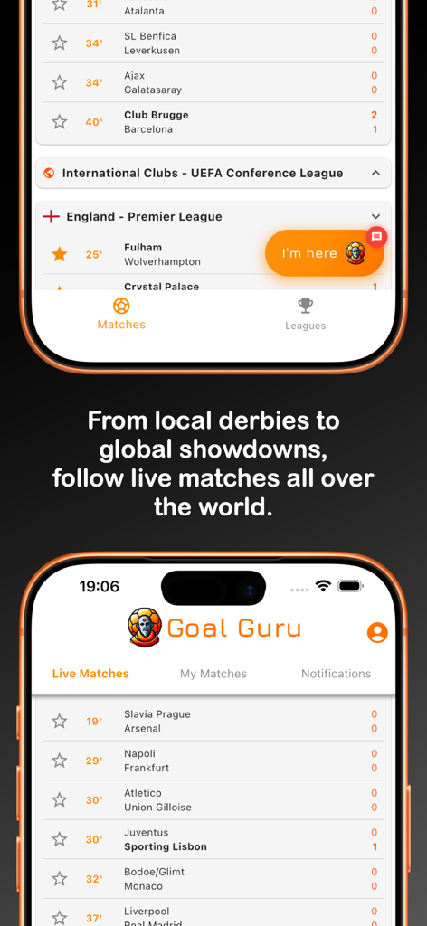 Goal Guru - Football Alerts - Goal Guru app interface showing a list of live football matches and scores from various global leagues