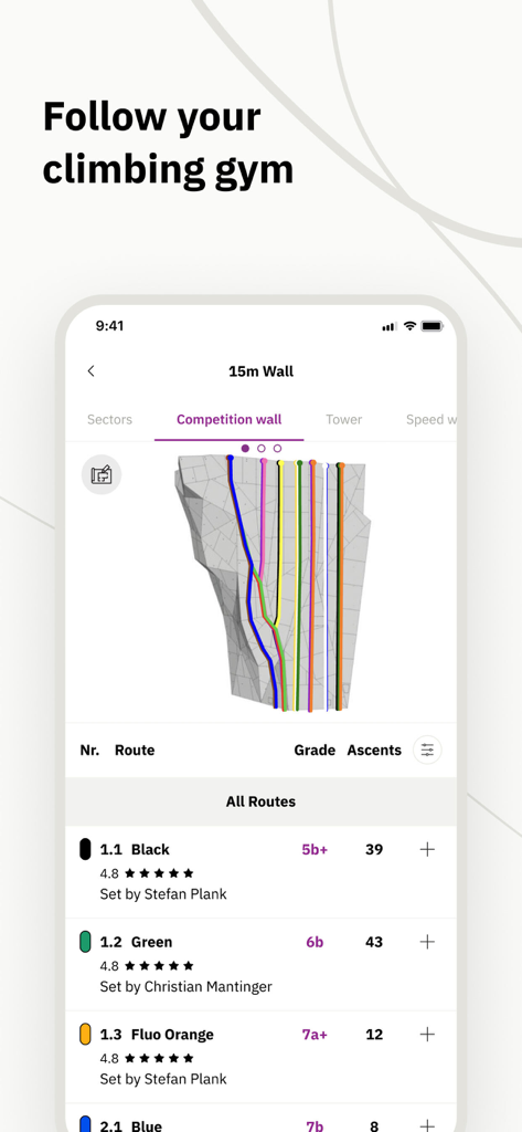 Vertical-Life Climbing - Mobile app interface of Vertical-Life showing a 3D topo map of an indoor climbing wall with a list of routes and their grades