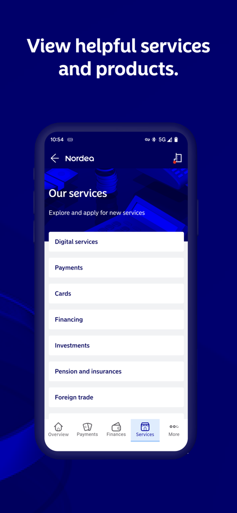 Nordea Business SE - Interfaz de la aplicación Nordea Business SE mostrando el menú de servicios y productos.