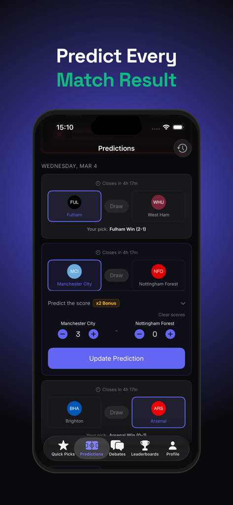 Opinex App - Bildschirm der Opinex-App, der die Oberfläche für Spielvorhersagen für Fußballspiele zeigt