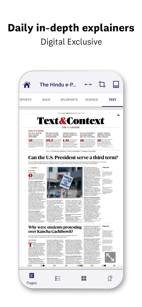 Interface of The Hindu ePaper app showing the digital exclusive Text and Context section with in-depth news articles