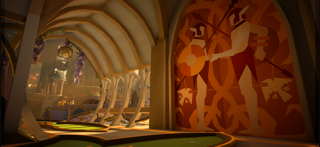 Walkabout Mini Golf - Un pintoresco campo de minigolf de fantasía interior con un gran mural de guerrero y arcos arquitectónicos