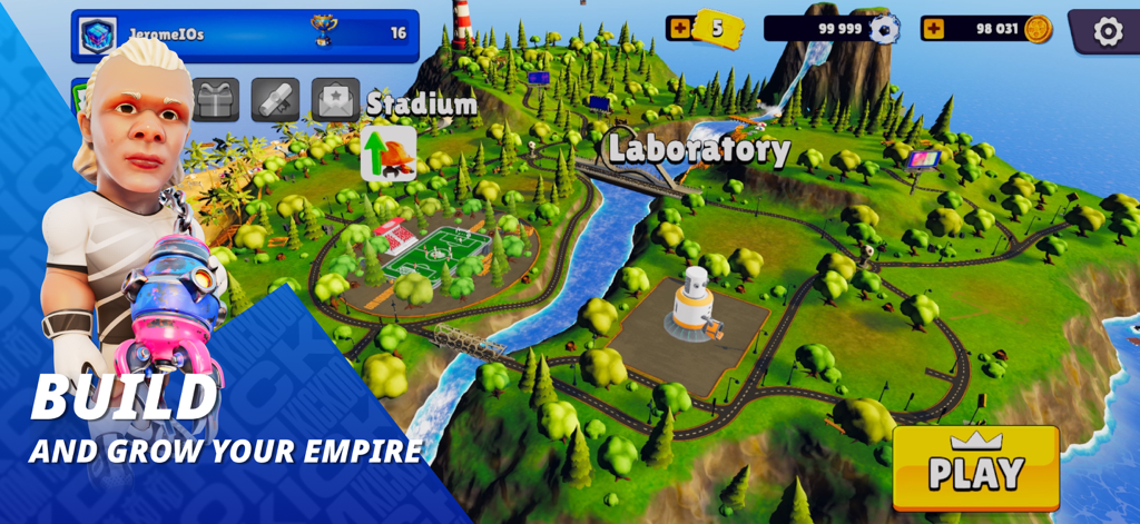 KICKDOM - World map view of Kickdom showing building progression with a stadium and laboratory