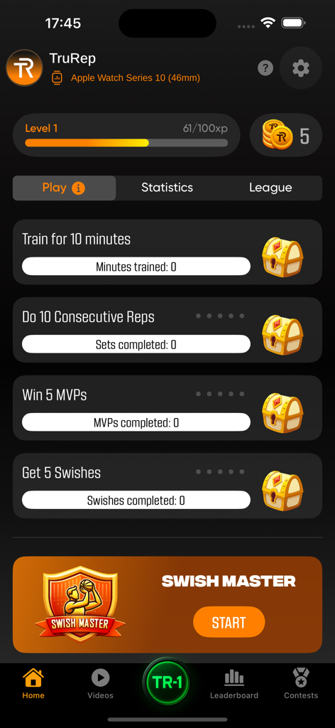 TruRep Basketball Shot Trainer - TruRepアプリのダッシュボード、バスケットボールシュートチャレンジとユーザーレベルの進捗状況を表示