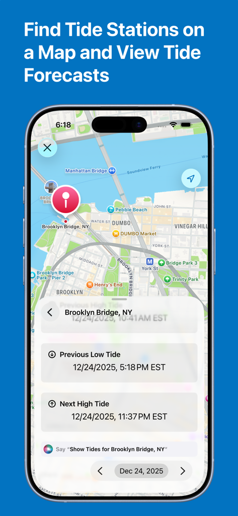 Tides - high and low tide info - Interfaz del mapa de la aplicación Mareas que muestra una estación de mareas en el Puente de Brooklyn con pronósticos de mareas altas y bajas