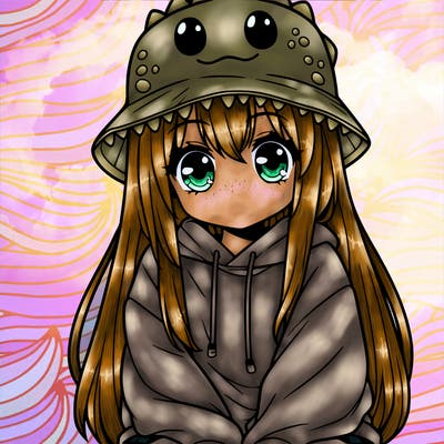 girl with anime shaped eyes with a dinosaur bucket hat oversized sweatshirt long straight hair