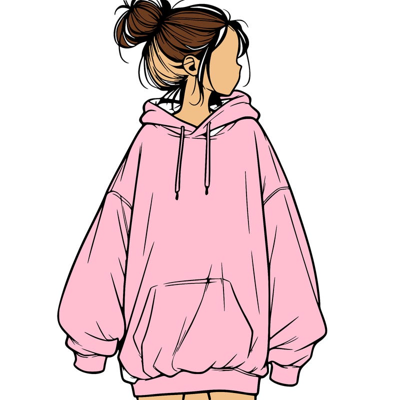 realistic girl with a oversized sweatshirt on and a bun