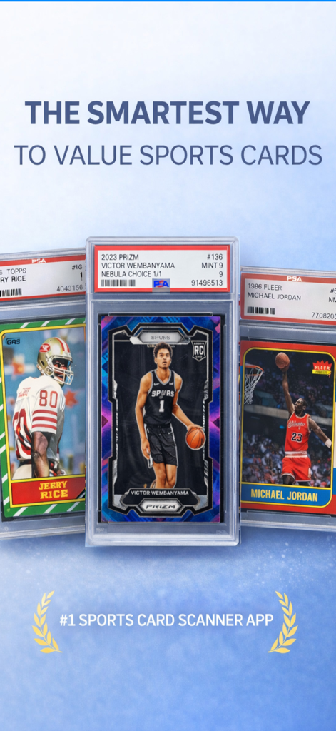 Sports Card Scanner Pro - Sports Card Scanner Pro promotional banner featuring graded Jerry Rice, Victor Wembanyama, and Michael Jordan cards.