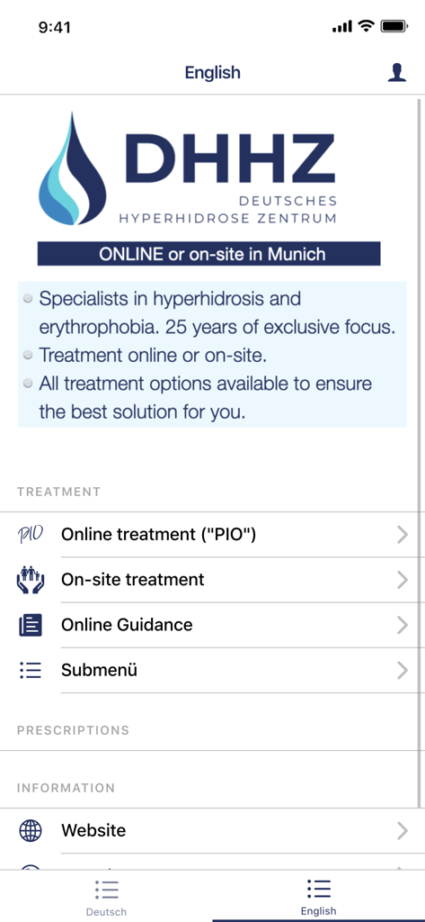 Hyperhidrose Hyperhidrosis - Hyperhidrose app main screen showing medical treatment options and the German Hyperhidrosis Center logo.