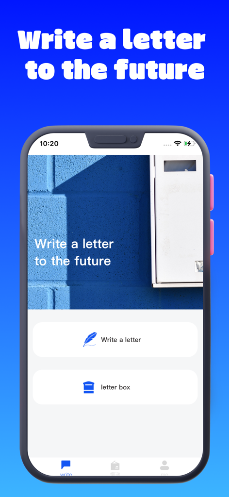 Pantalla de la aplicación SMS 2Number mostrando una función para escribir una carta al futuro con opciones de escritura y un buzón.