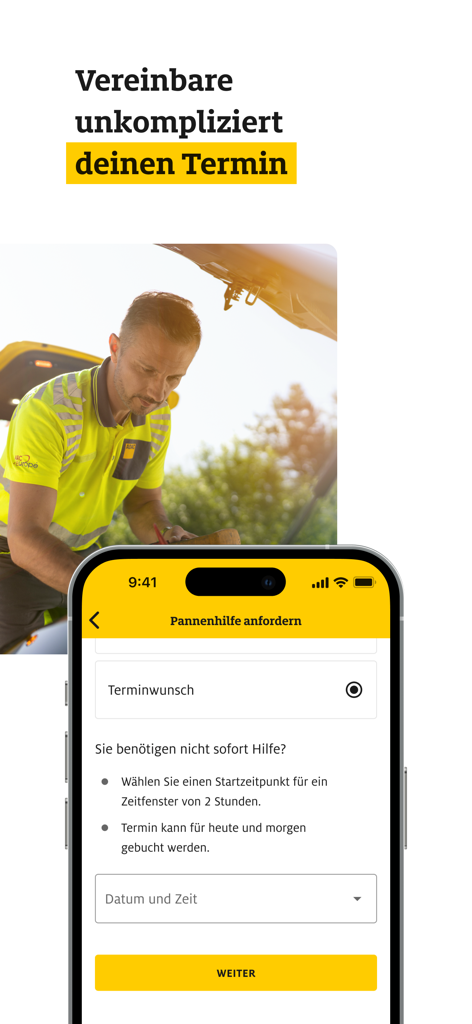 ADAC Pannenhilfe - Mobile interface of the ADAC Pannenhilfe app for scheduling a roadside assistance appointment with a background image of a mechanic.