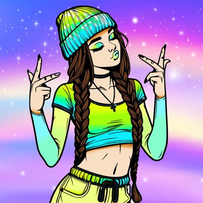 realistic teenage girl with braids and a beanie and crop top doing 🫶🏼